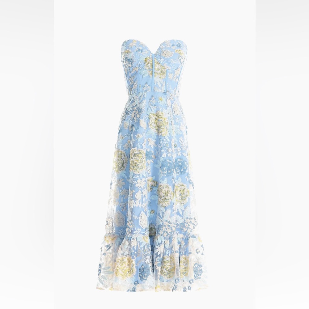 Dress the Population Strapless Blue and Gold Midi Dress